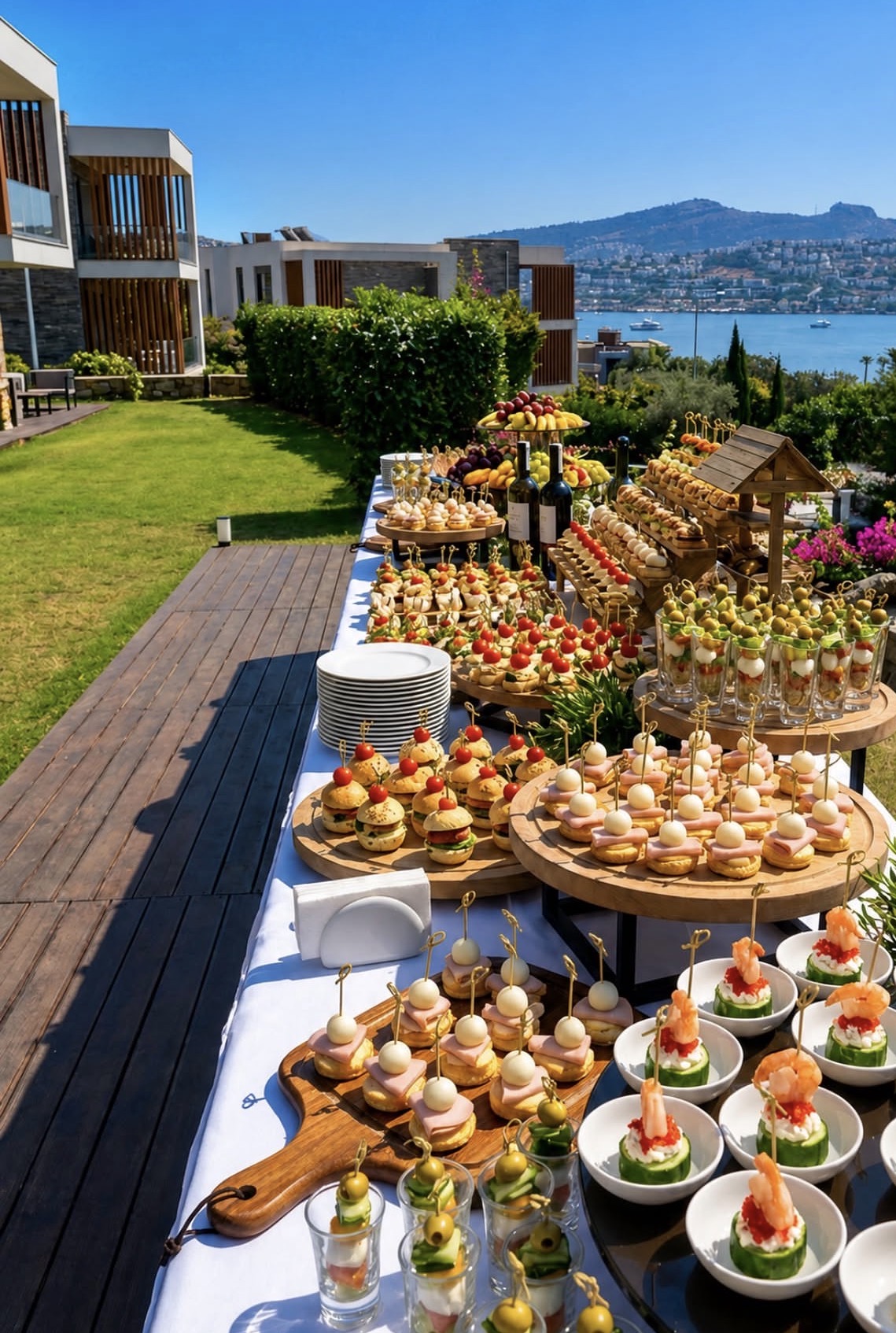 Catering spread arranged on a coastal terrace