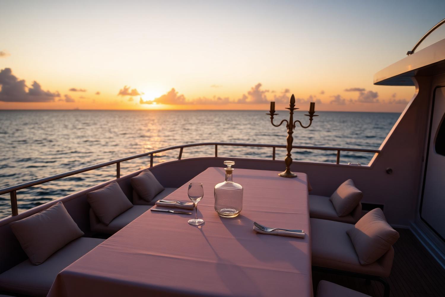 Private dining table set on a yacht deck at sunset