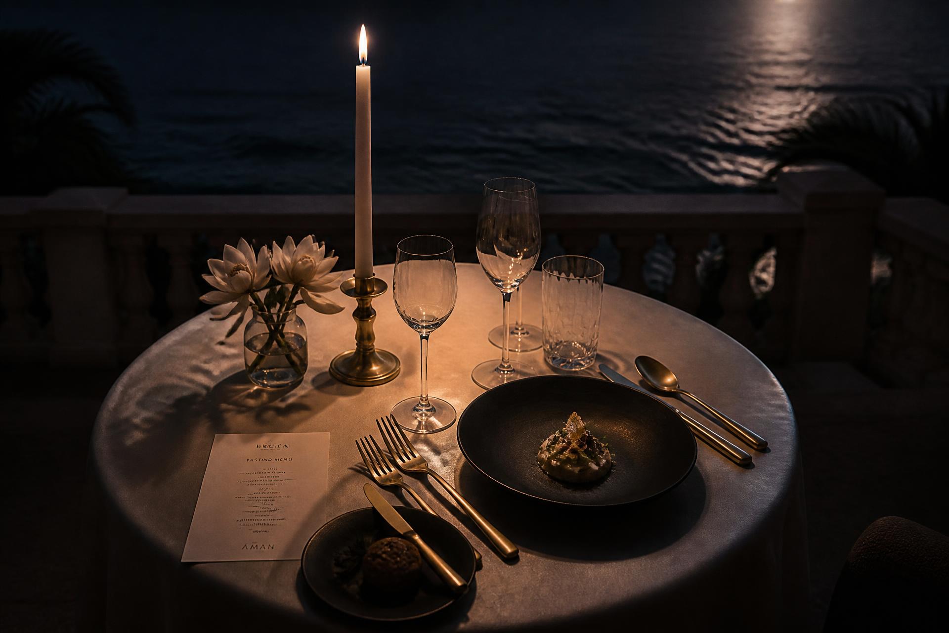 A candlelit private dining table set overlooking the Atlantic at dusk